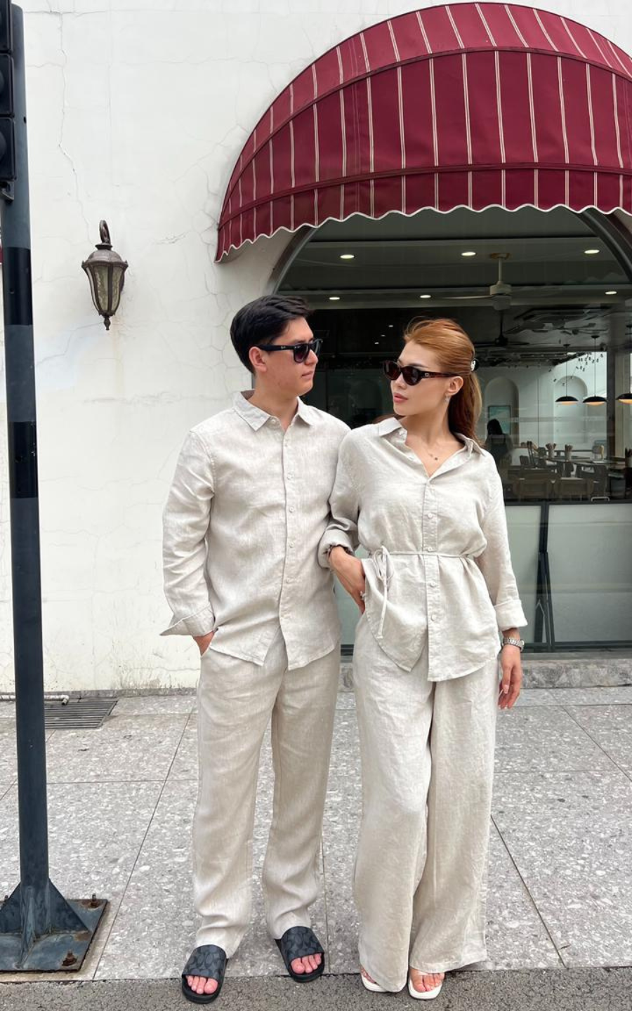 Wandian's Linen Couple Top & Bottom Set Beige