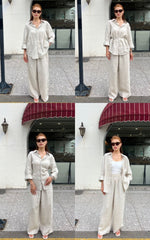 Wandian's Linen Couple Top & Bottom Set Beige