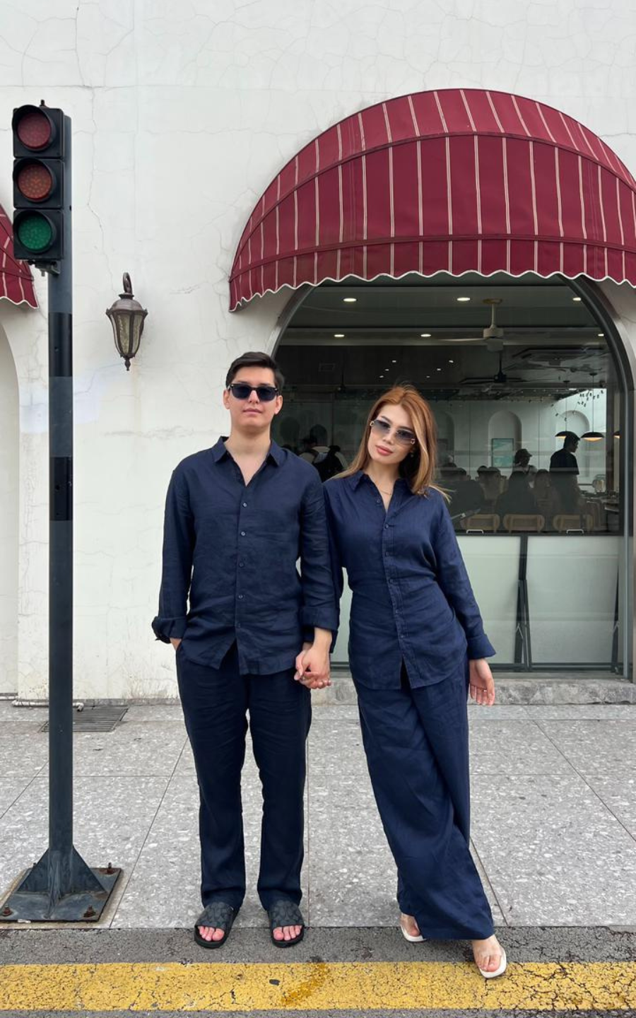 Wandian's Linen Couple Top & Bottom Set Blue