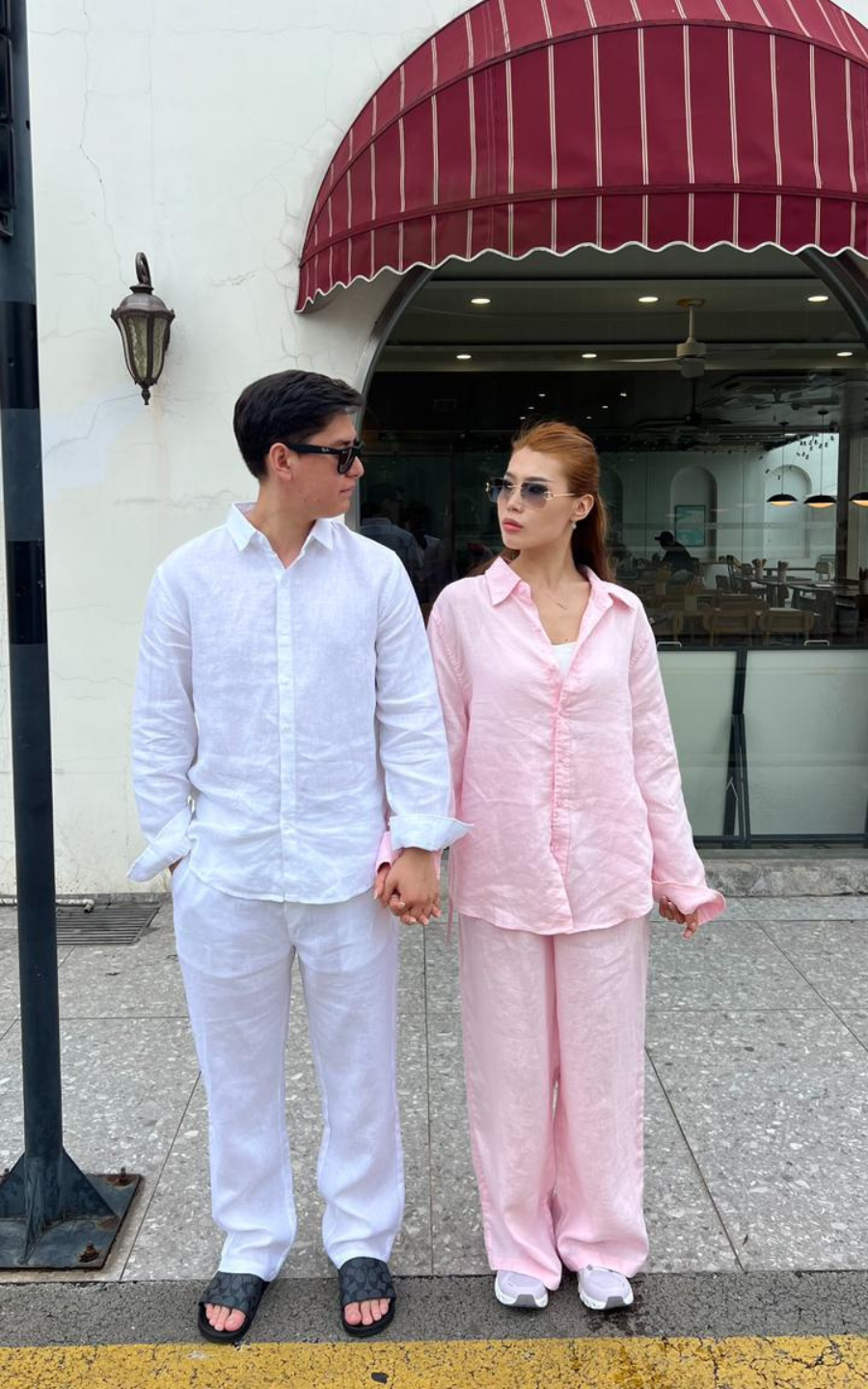 Wandian's Linen Couple Top & Bottom Set White & Pink