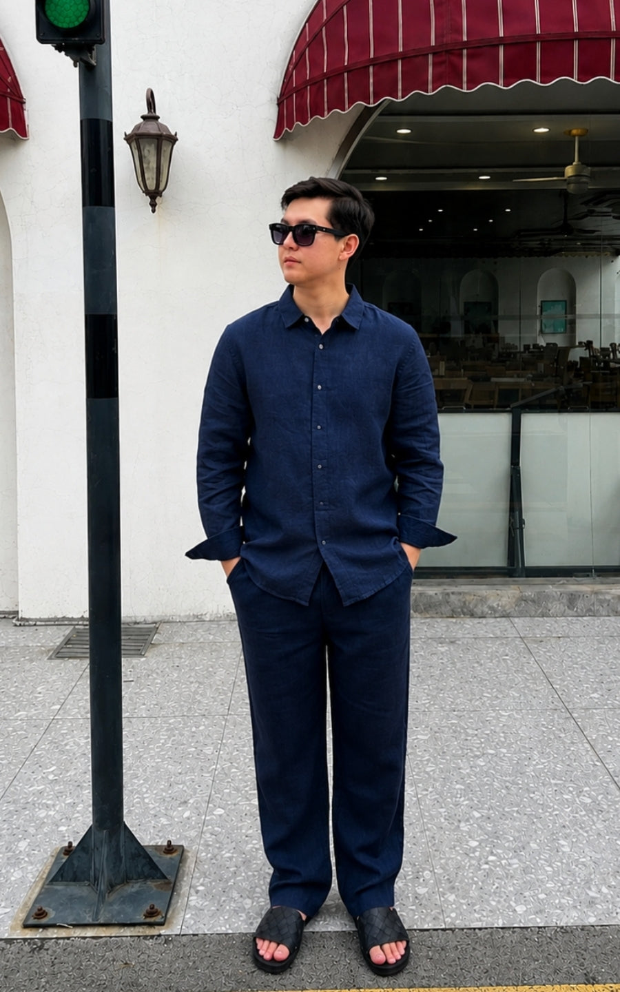 Wandian's Linen Couple Top & Bottom Set Blue