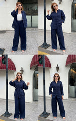 Women Linen Top & Bottom Set Blue