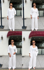 Wandian's Linen Couple Top & Bottom Set White